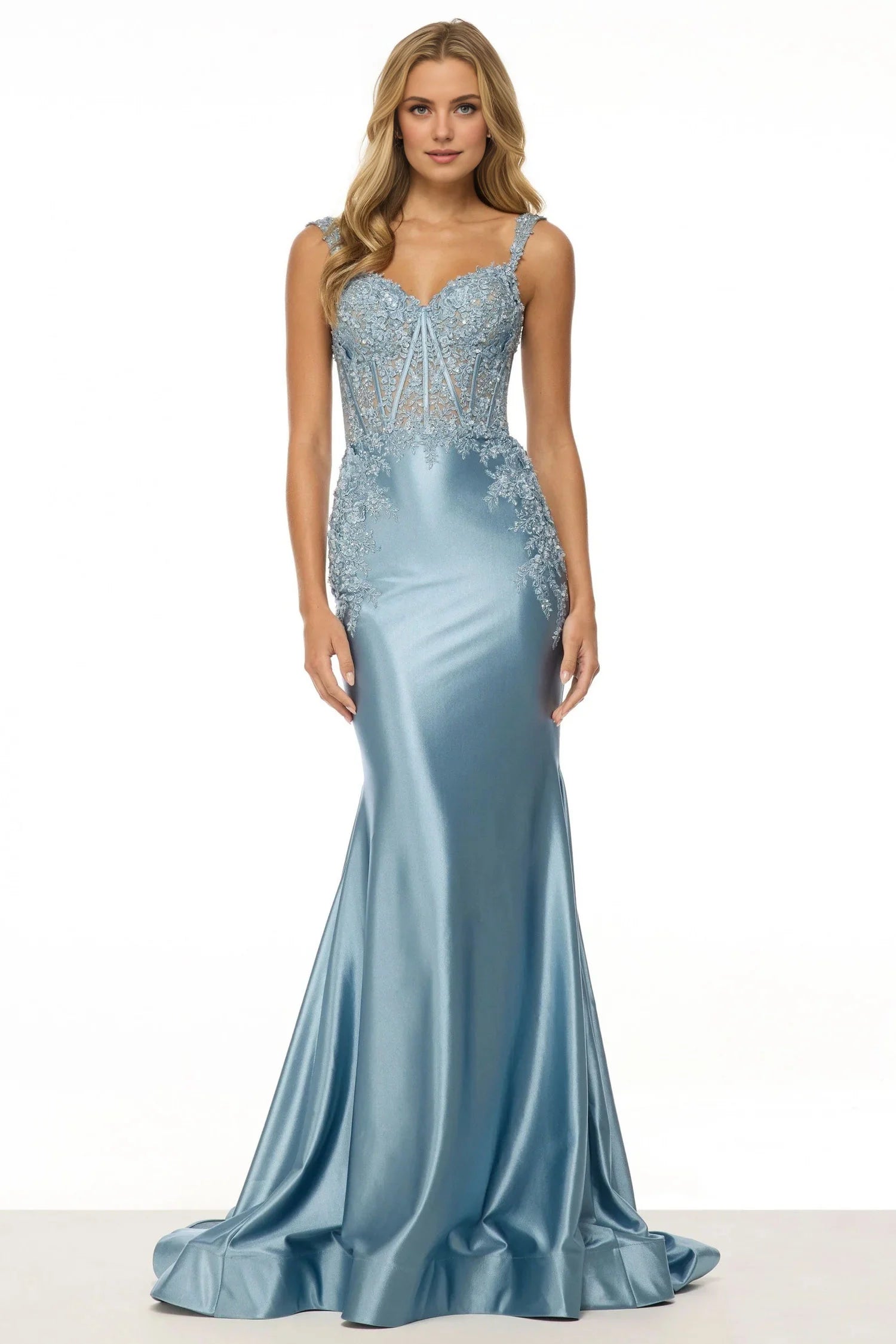 Robe Weitese sirène en satin bleu clair avec corsage brodé et bretelles spaghetti